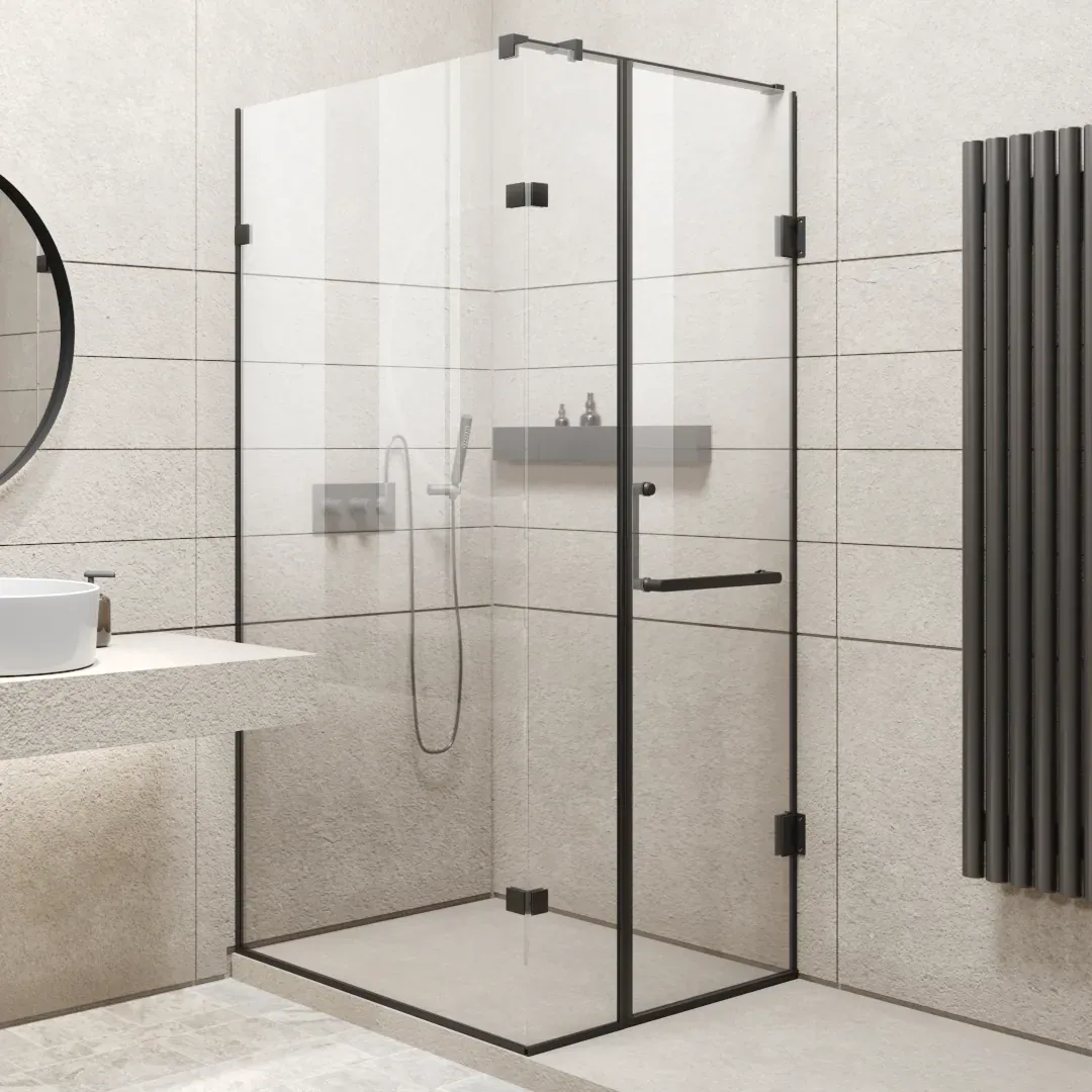 Скляна кутова душова кабіна з чорною фурнітурою у світлій ванній